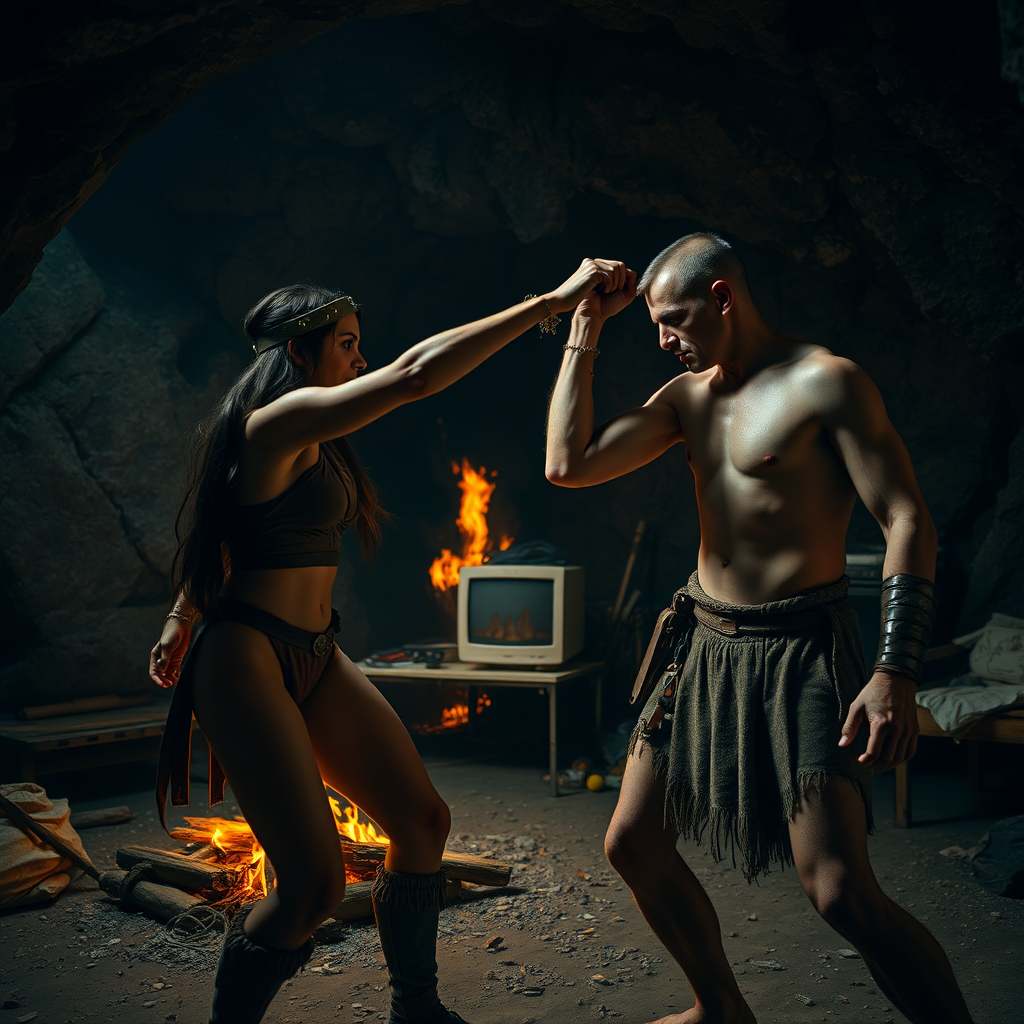 Real-life photography: At night, in the cave, there is a female barbarian and a skinny, short male barbarian. The cave is very large, with a bonfire, a 90s desktop computer, and some messy household items. The female barbarian is swinging her fist to hit the skinny, short male barbarian, who is using his hand to protect his head.