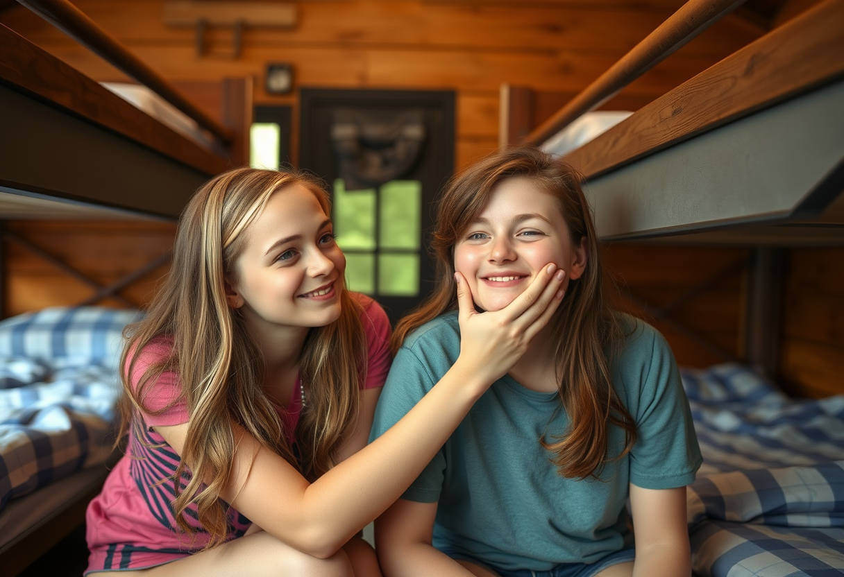 A girl at summer camp unselfconsciously soothes herself as she realizes she has a huge crush on her best friend after they find themselves alone in their cabin bunks. - Image