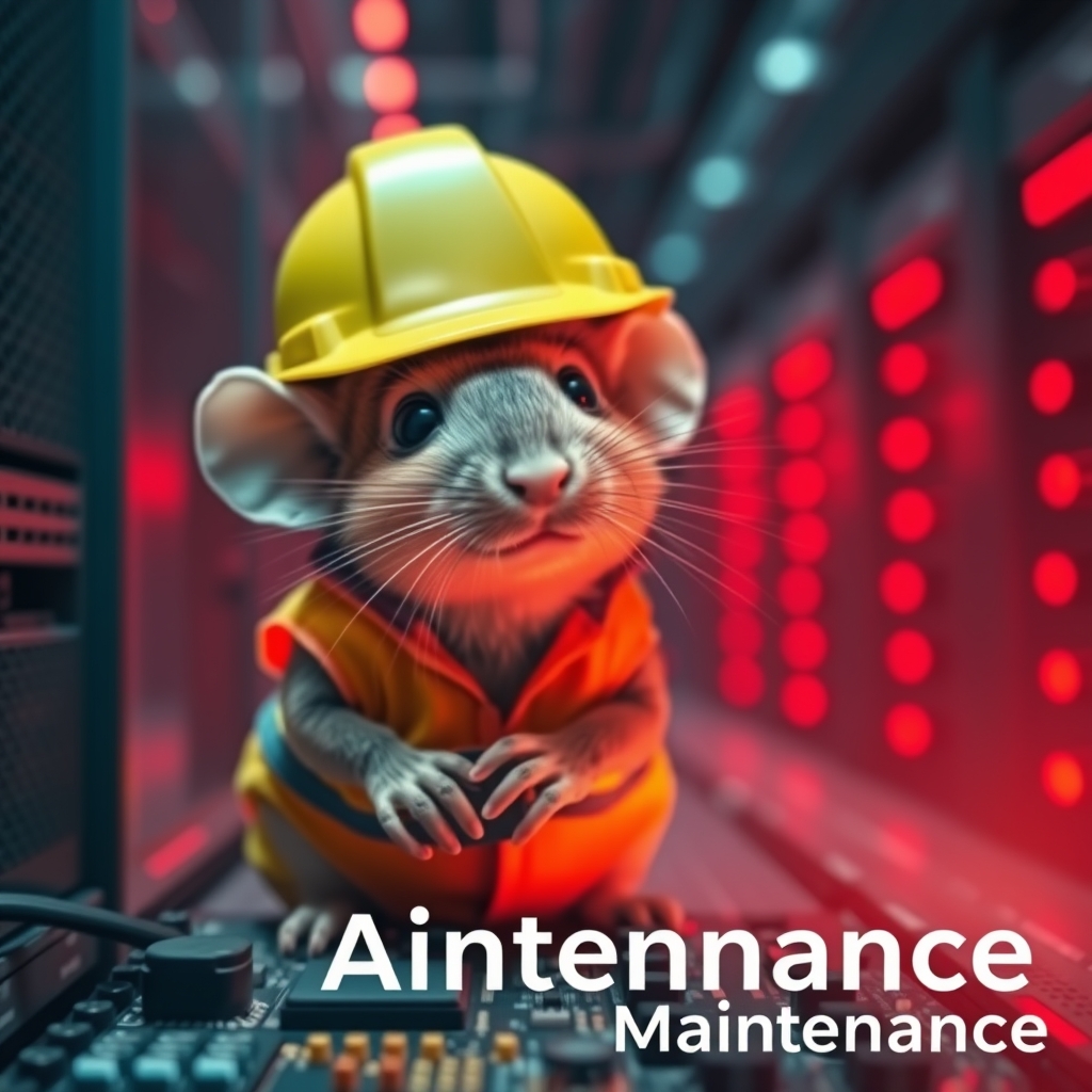 A small mouse with a hard hat and high visibility vest is repairing a circuit board; the mouse has a serious look in his eyes. The background shows a server room with red emergency lighting only, creating a red ambient lighting. The text on the image says "Maintenance."