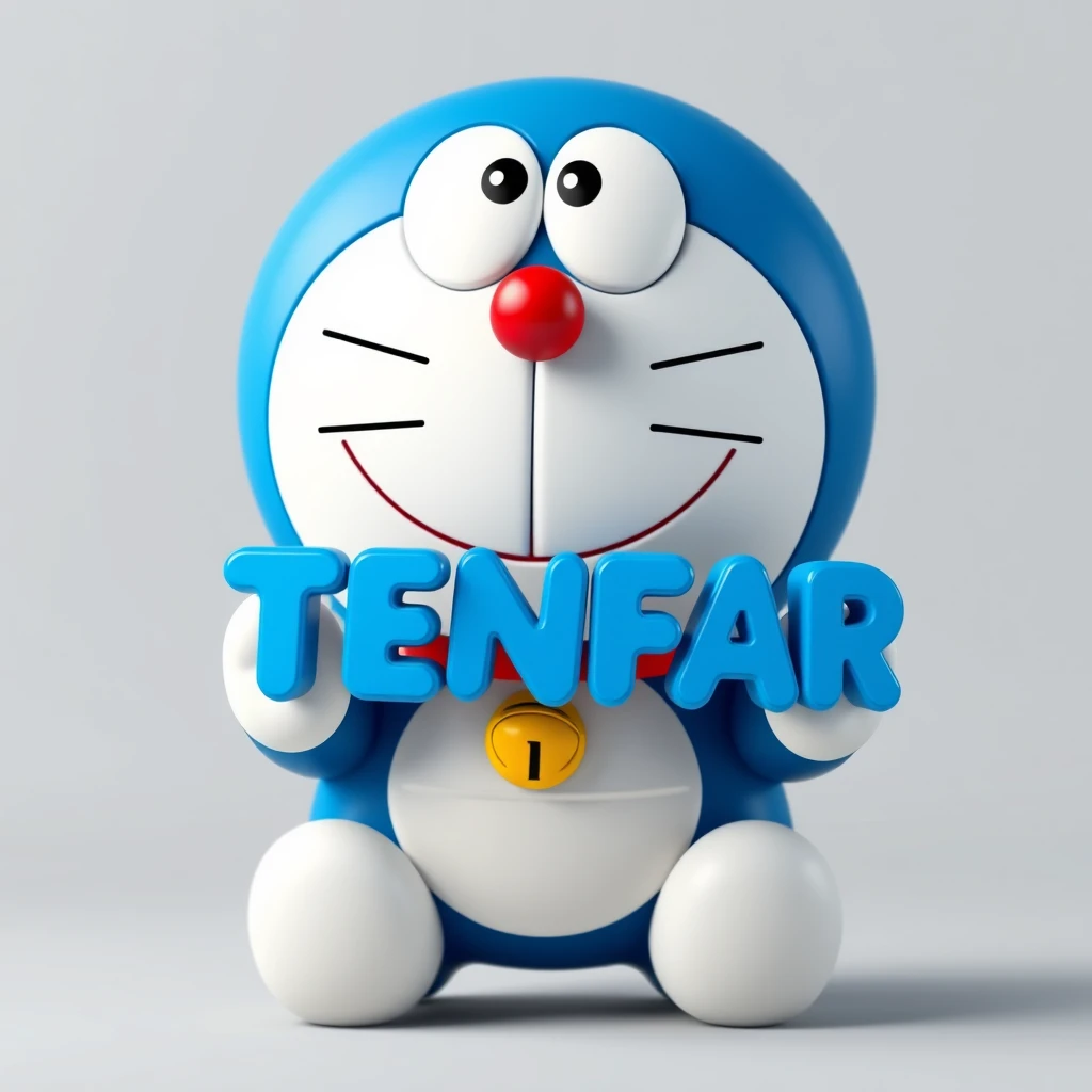 Pixar Style, 8K, this is an avatar, 3D, Doraemon, with a full body and a cute smile, holding a 3D logo in his hands, the logo color blue, shows growing "TENFAR".