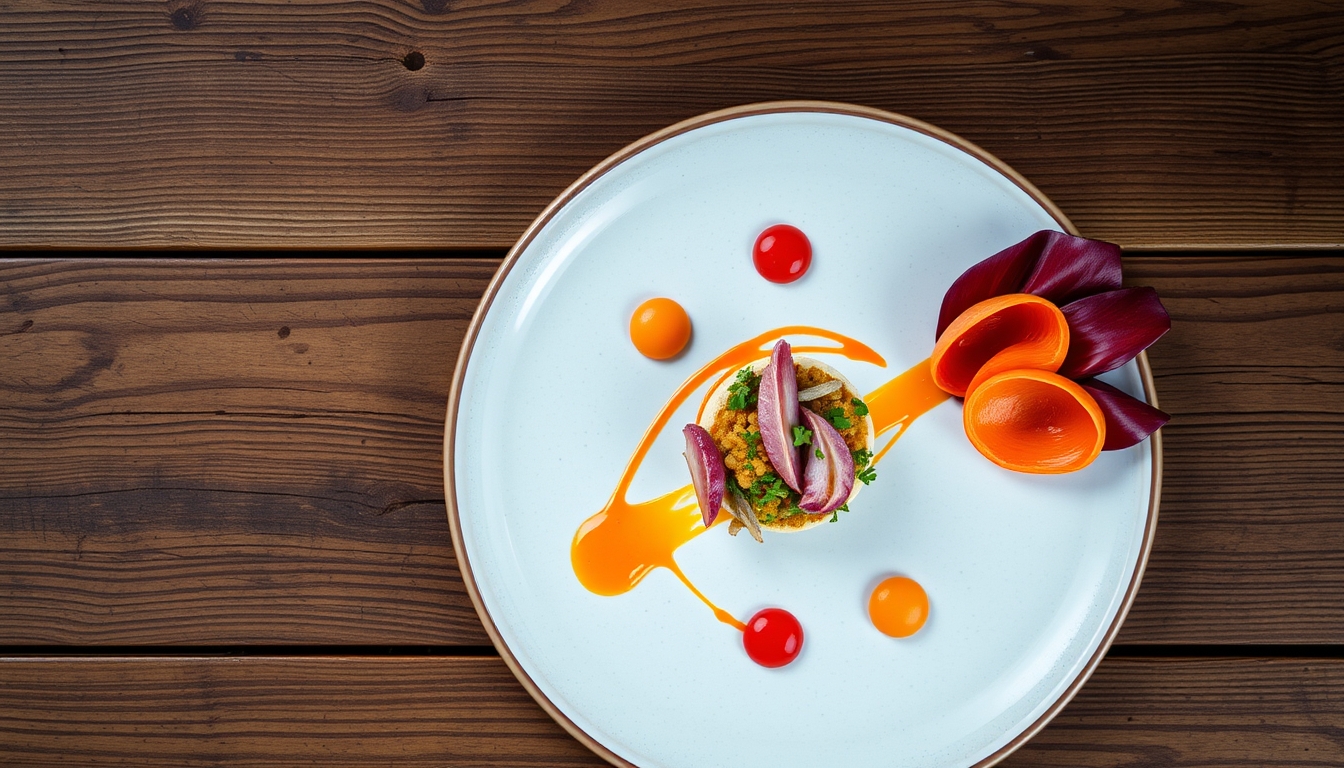 A top-down view of a beautifully arranged gourmet dish, with vibrant colors and textures, placed on a rustic wooden table, highlighting the artistry of food. - Image