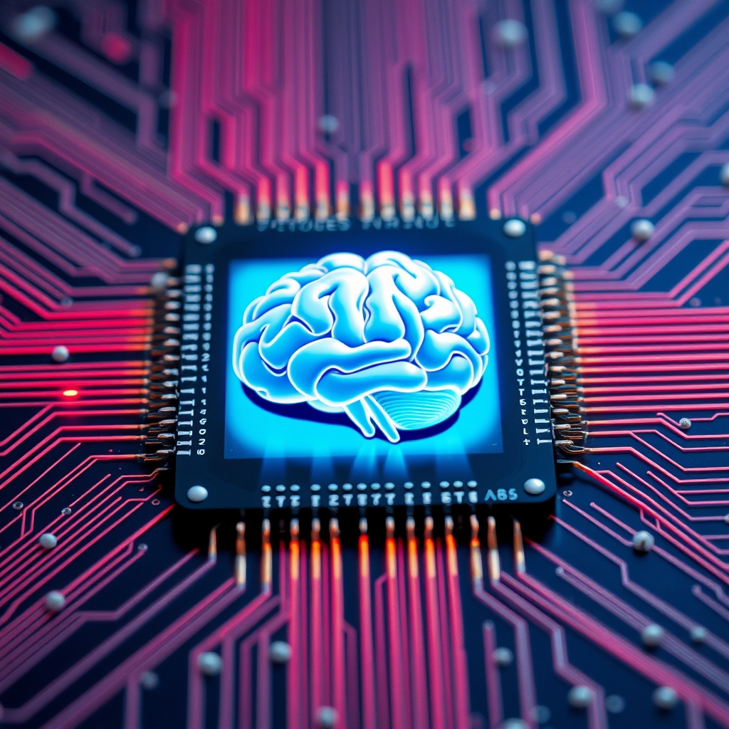 A computer chip with a brain on it.