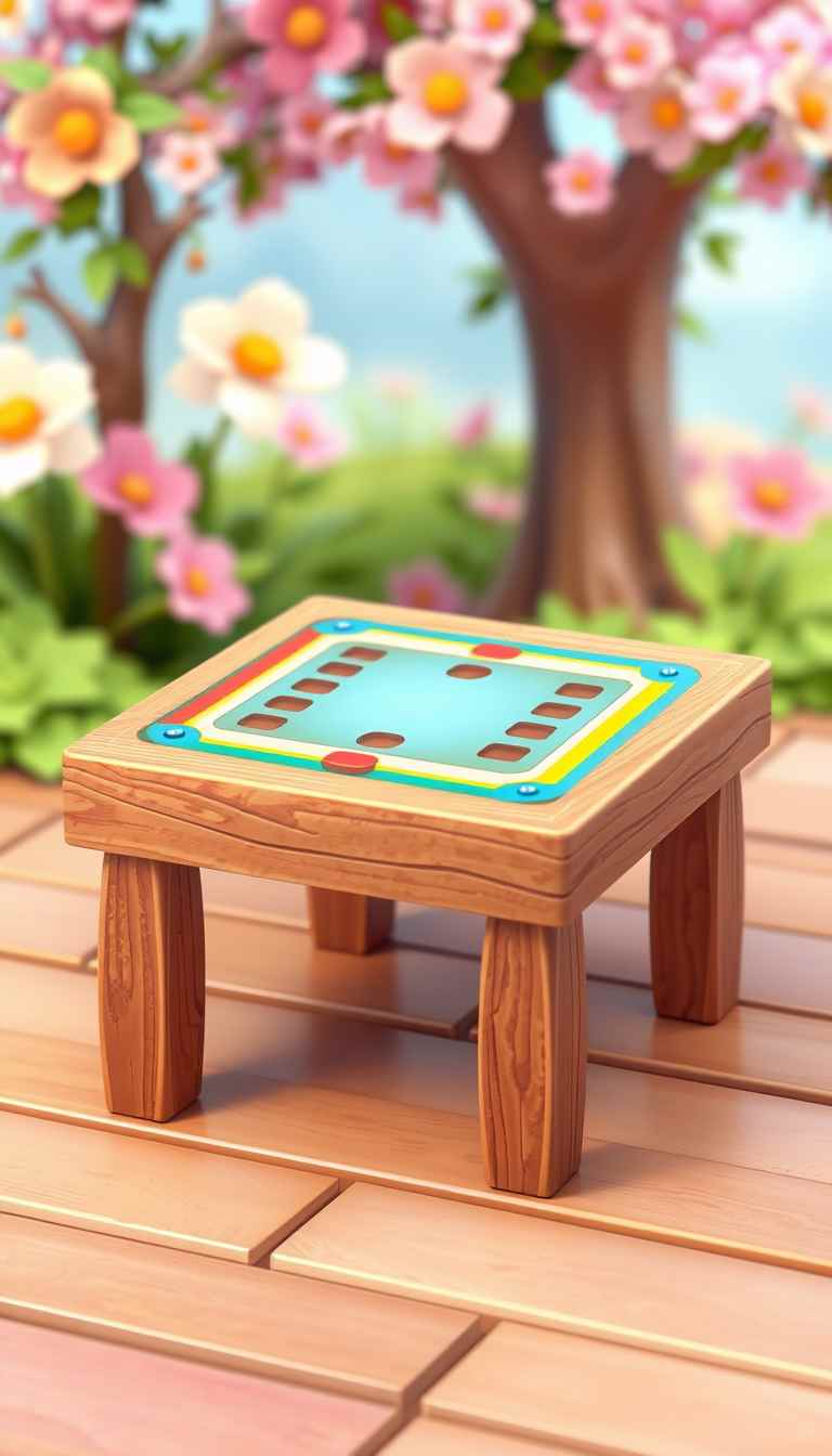 The image presents a 3D rendering of a table. The game table, made of wood, is the central focus of the image. It is a square table with legs, a wooden top which has a multicolor border and the middle part is aqua blue. The background is beautiful, the overall mood is playful, suitable for digital game art. - Image