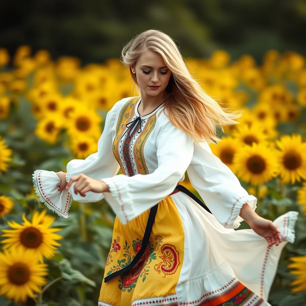 A Ukrainian woman dancing in a sunflower field, 20 years old, blonde, with light in her eyes, (Ukrainian traditional costume: 1.4), Style by Rick Remender, Motion blur, Movement, Full body, Award-winning work.