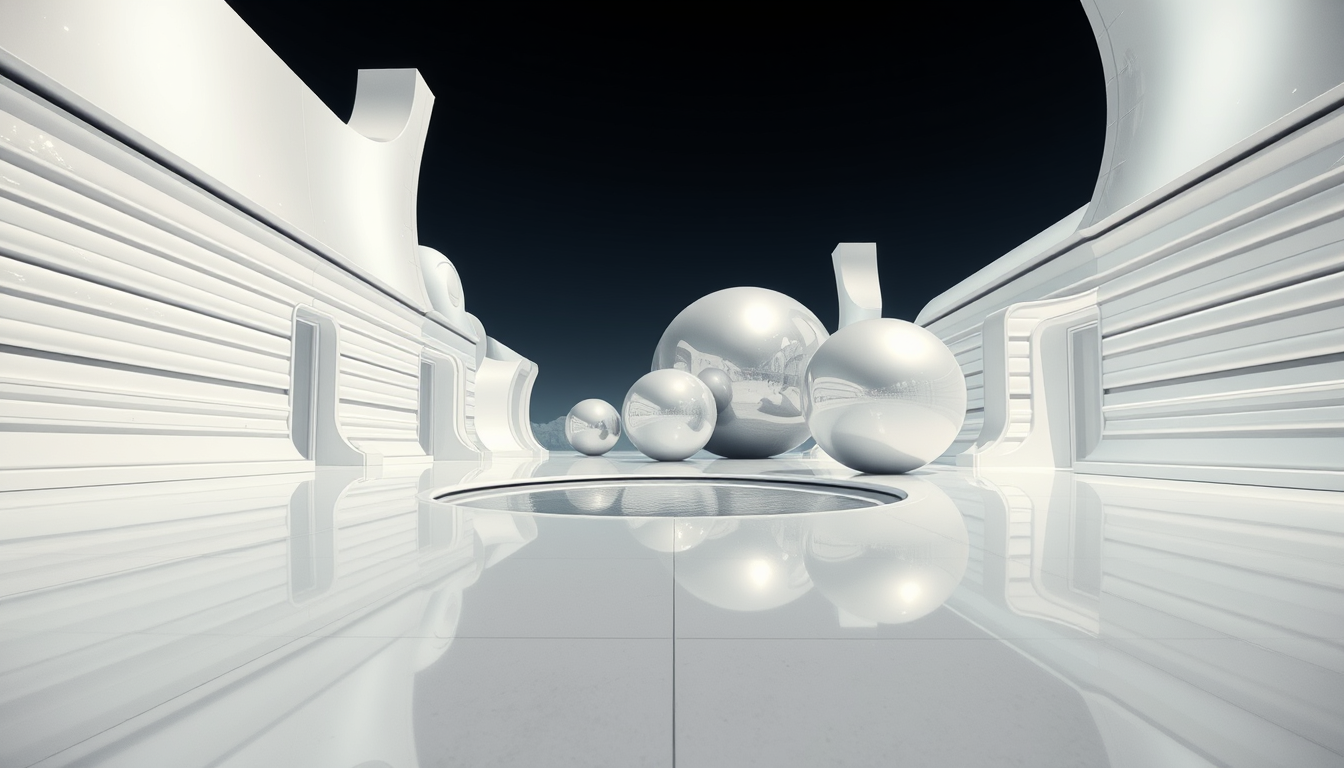 An eye-level, wide-angle shot of a fantasy, futuristic, and alien architectural square that features horizontally and vertically curved structures covered in white metallic reflective material. In the background, there are a few spherical silver objects with reflective, metallic surfaces that resemble large, smooth capsules. These objects are positioned on a sleek, ultra-white shiny floor that reflects their surfaces. The focus is the sleek horizontally and vertically curved architecture covered in white metallic reflective material and a water feature. The mood is serene and cool, bursting with futuristic creativity.