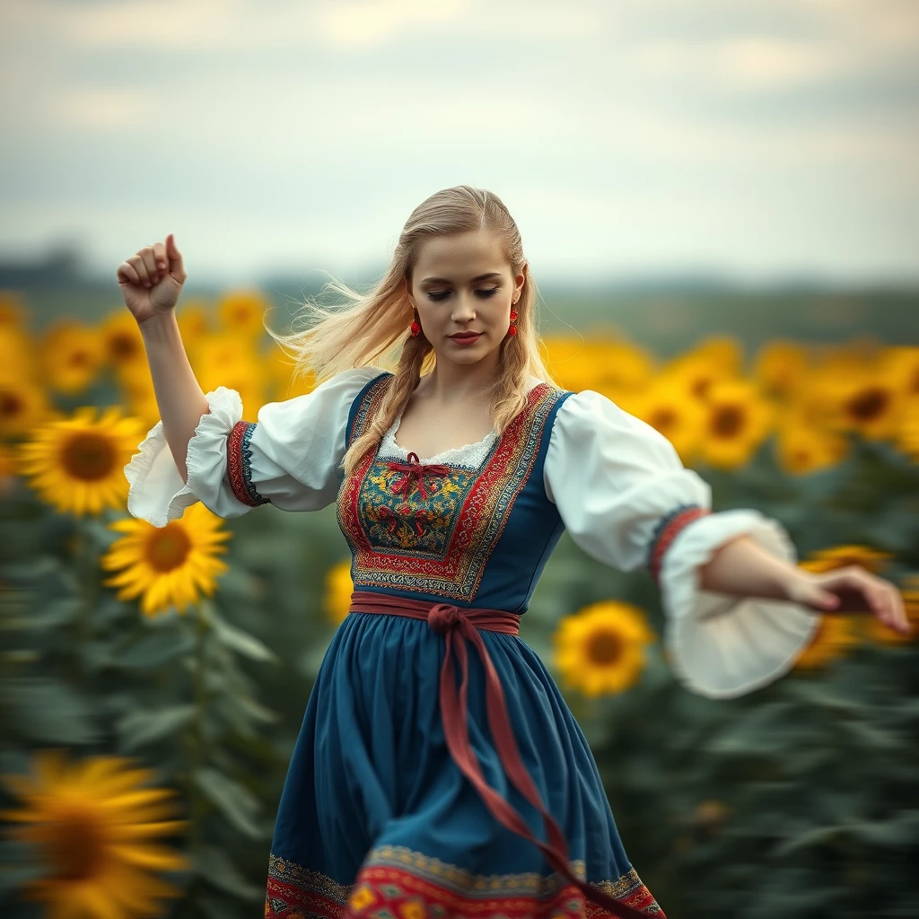 A Ukrainian woman dancing in a sunflower field, 20 years old, blonde, with light in her eyes, (Ukrainian traditional costume: 1.4), Style by Rick Remender, Motion blur, Movement, Full body, Award-winning work.