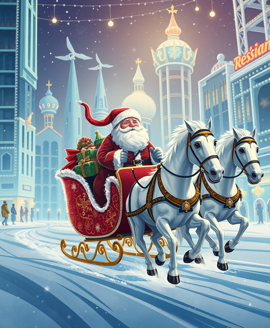 Russian Snow Grandfather rides in a festive sleigh pulled by three white horses through a futuristic city decorated with Christmas lights. Illustration by Vladimir Zarubin.