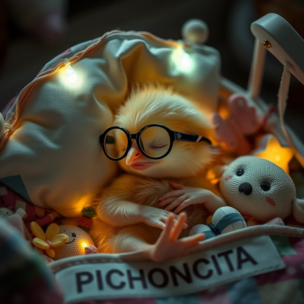 It's night. A delicate, soft, sweet little newborn chick, cute and fragile, is wearing glasses, resting its head on the pillow, deeply asleep in its precious little bed with tiny jingling bells, soft colored lights, and childlike details that say the name PICHONCITA, surrounded by patchwork blankets, little butterflies, and its cute stuffed toys. Photography. - Image