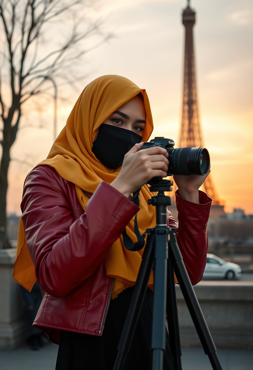 Biggest hijab yellow Muslim girl, beautiful eyes, face mask black, red leather jacket, black biggest skirt, camera DSLR CANON, tripod, taking photo Eiffel Tower, peace hand, sunrise, morning scenery, Eiffel Tower, hyper realistic, street photography. - Image