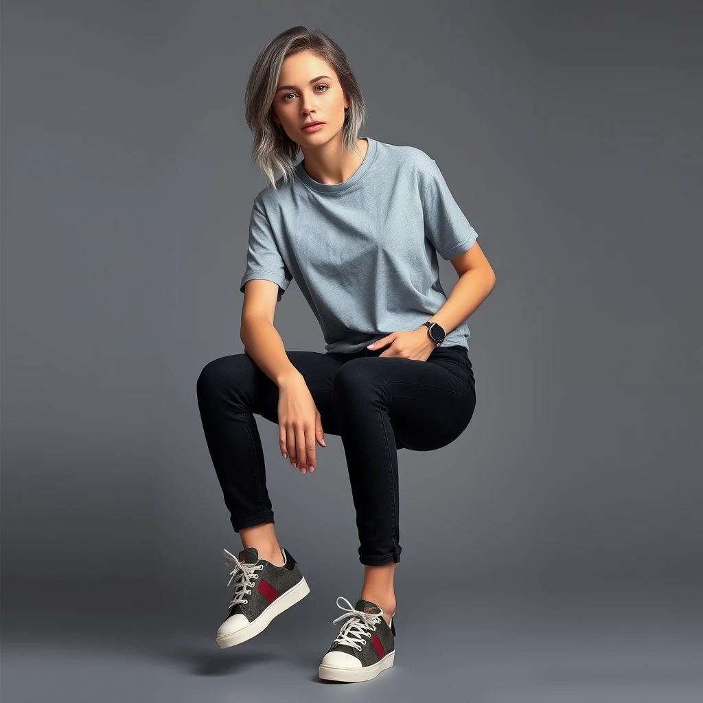 A young woman in a grey T-shirt, black jeans, and Gucci sneakers on her feet. Appearance: cool gray hair and blue eyes. Professional photo. Full length.