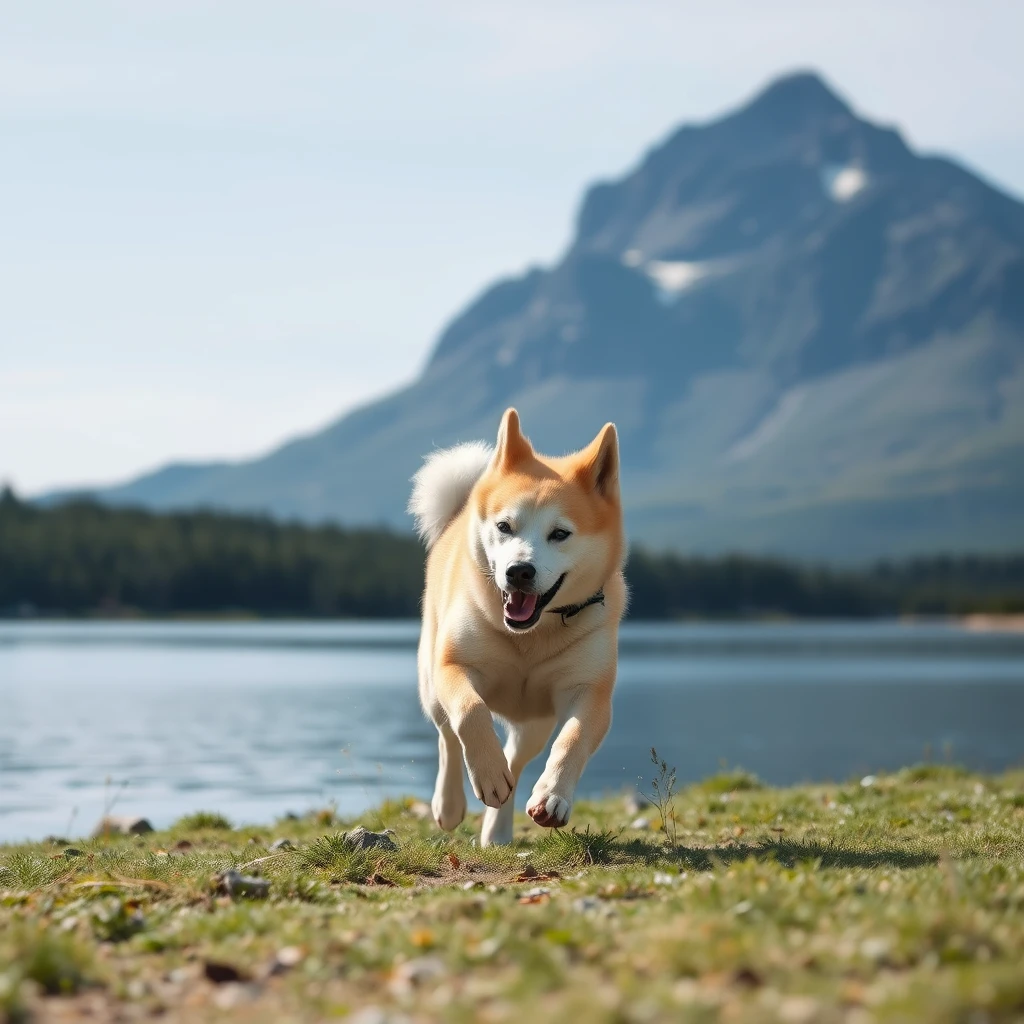 "A Korean Jindo dog running in the Canadian mountains. There is a mountain in the back and a lake in the front."