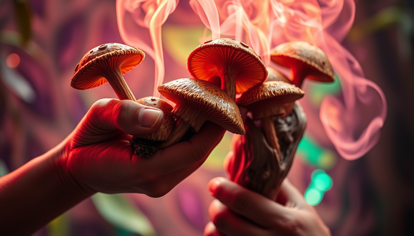 A close-up shot of their hands holding intricately carved pipes filled with psychedelic mushrooms. The texture of the mushrooms is vivid, and the smoke spirals upward, starting to take on a life of its own, with vibrant colors suggesting a transition into a psychedelic state. Surreal and vivid, combining the raw, untamed beauty of the Amazon Jungle with otherworldly psychedelic visuals and futuristic, neon-lit cyberpunk elements.