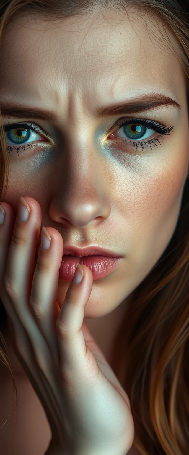 Closeup upper body shot of beautiful women with beautiful facial features. A very sad, depressed face with washed-up tears spreading eyeliner, looking above while holding back tears. - Image