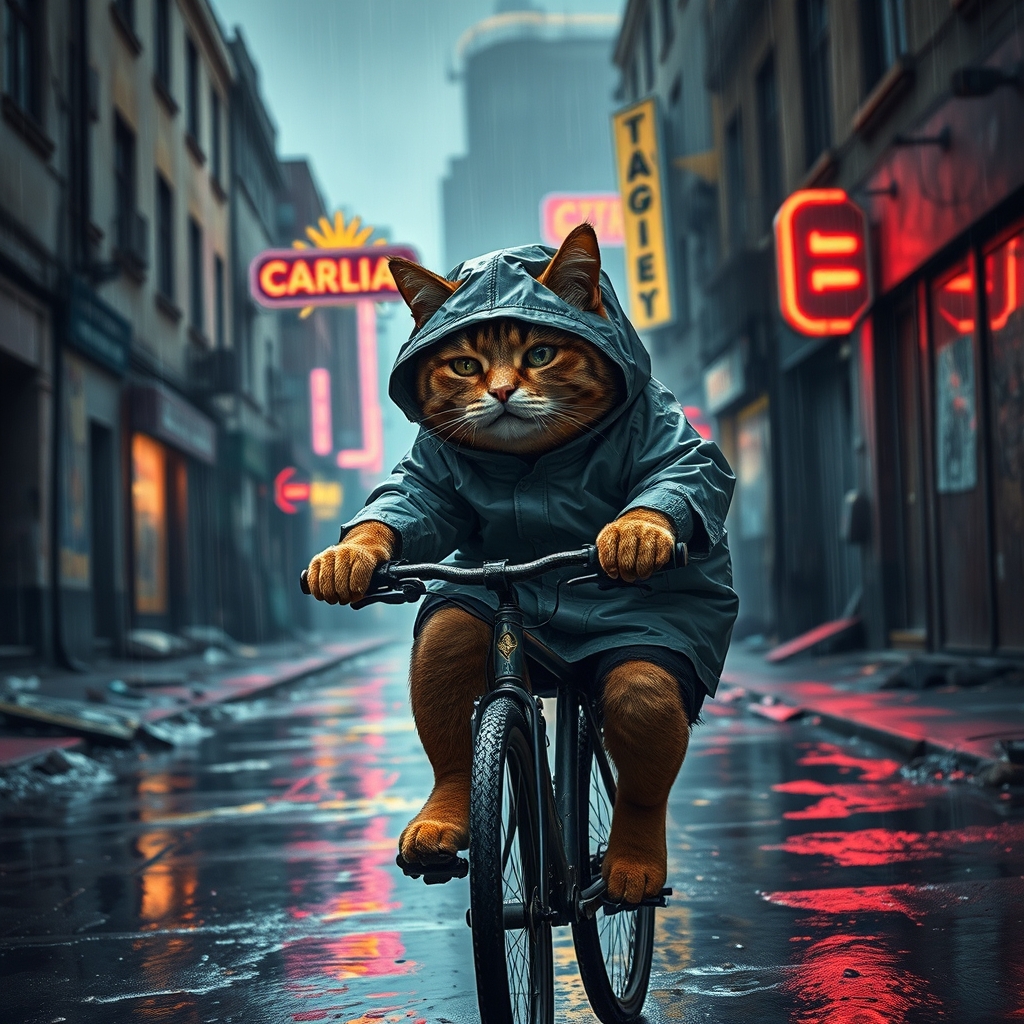 A gritty, rain-soaked cat, bundled in a raincoat, pedals determinedly down a dilapidated alleyway in a run-down cityscape. The cat's disgruntled expression adds a touch of melancholy to the scene, as the city's neon lights flicker in the rain. The alleyway is lined with crumbling buildings and puddles, creating a sense of urban decay and grit. The cat's bicycle, though worn, is a beacon of hope and resilience in the midst of the storm.