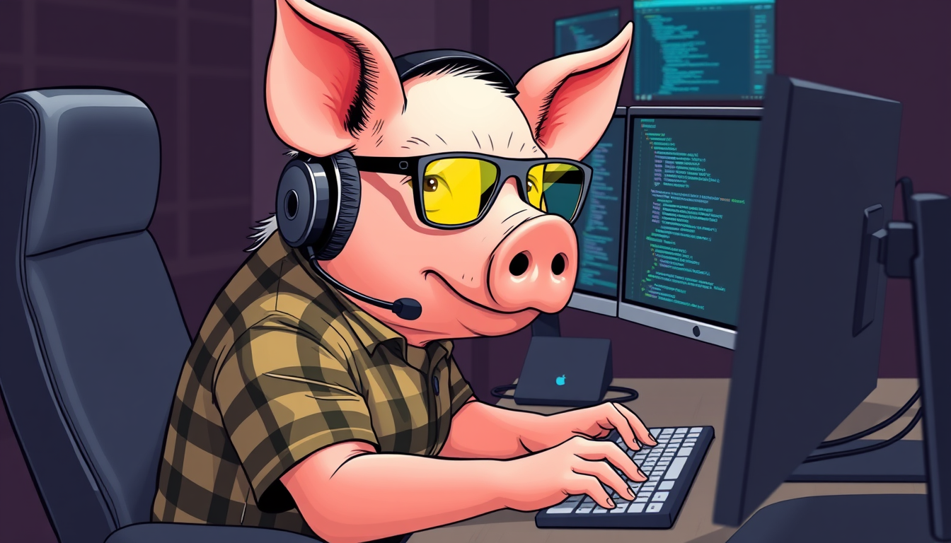 A tech-savvy porcine coder, donning yellow-tinted glasses and sleek noise-cancelling headphones, hunches over a cutting-edge multi-monitor setup. The anthropomorphic pig exudes focus, typing furiously. Wearing a plaid t-shirt.