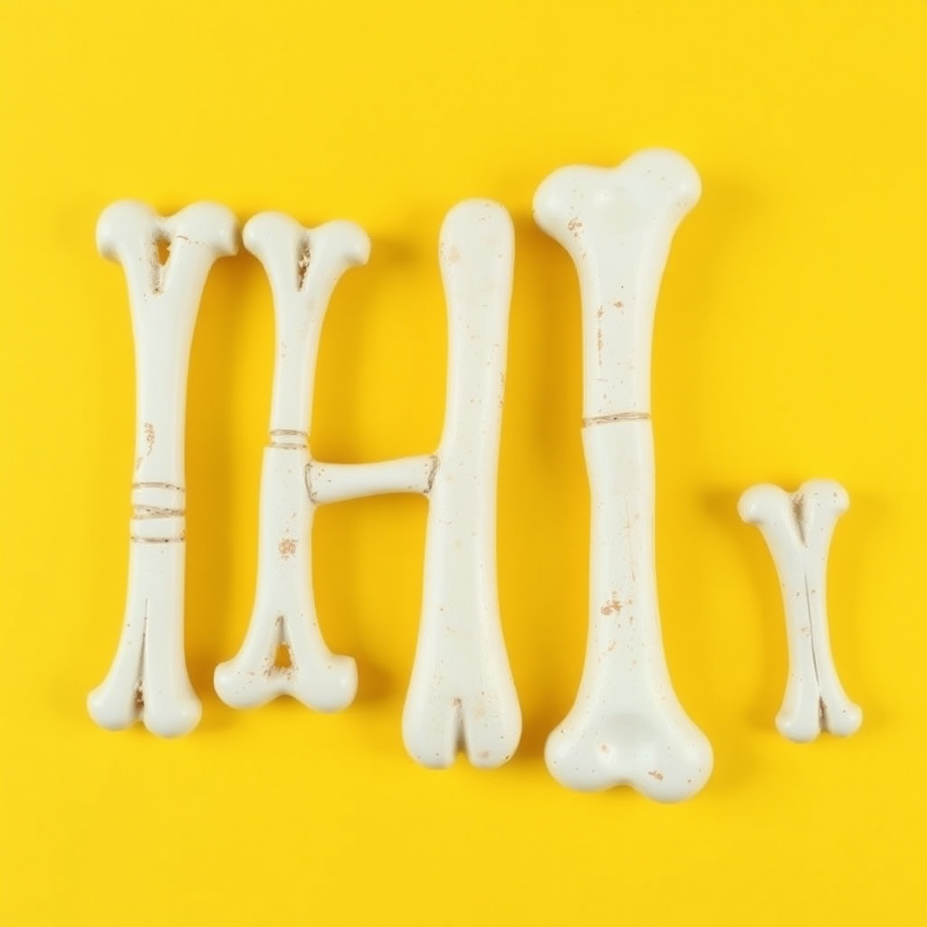 a typo "H" made of bones, yellow background, realistic photograph