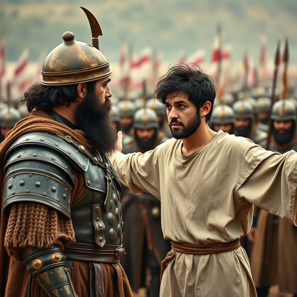 Create a scene of two men standing apart and arguing while four soldiers gather beside the man on the left. The man on the right is a young Jewish man with his arms stretched out to the sides, looking shocked, with dark, messy, unkempt hair and a beard, dressed in a simple biblical-era shepherd's tunic, and staring sternly at the left eye of the other man. The other man appears to be a middle-aged Jew with a black beard, wearing a full suit of biblical-era leather lamellar armor and a brass conical helmet with a pointed tip. In the far background, there is a blurred front of a large biblical-era army. The overall mood of the image is one of anxiety and concern. - Image