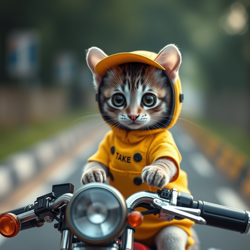 The smallest mouse in the world, a super mini kitten, this cat is a takeaway worker, has beautiful eyes, wearing a yellow takeaway costume, riding a motorcycle, road background, anthropomorphic, photo real, classic composition, masterpiece, exquisite, color correction, amazing visual effects, crazy details, intricate details, sharp focus, HD, 32k.