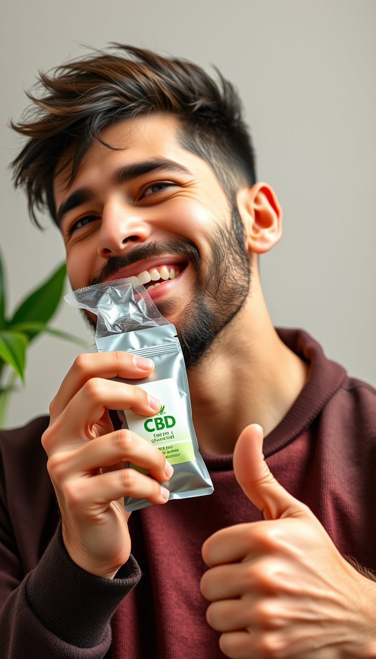 Ads style picture of a guy being happy to have his CBD bag, the guy is enjoying the moment while looking at the camera and showing his consumption, the guy is also showing his thumb to say that this product is good.