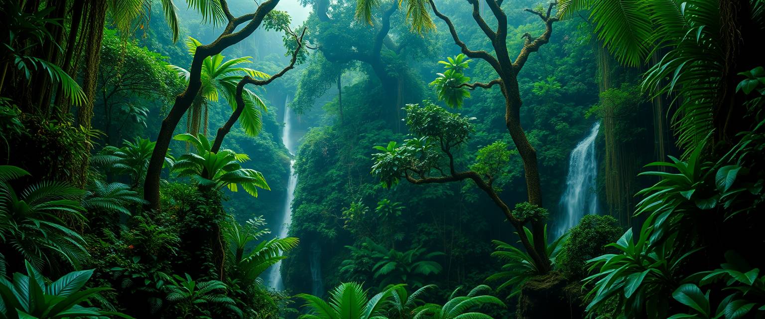 Lush, tropical rainforest, dense foliage, high quality, photorealistic, vibrant, breathtaking, waterfalls, misty, emerald green, ancient trees, hidden trails, tree frogs, vibrant orchids, hanging vines, moss-covered rocks, canopies, wildlife sanctuaries.