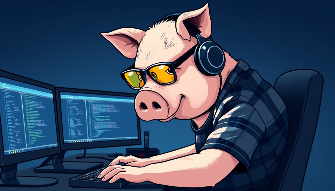 A tech-savvy pig coder, wearing yellow-tinted glasses and sleek noise-cancelling headphones, hunched over a cutting-edge multi-monitor setup. The anthropomorphic pig exudes focus, typing furiously. Dressed in a plaid t-shirt.