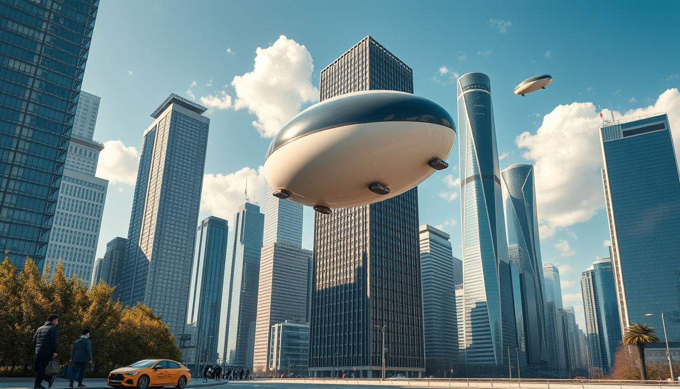 Create a stunning high-resolution image of the city of the future. The skyline should be filled with towering skyscrapers. Include a light-colored oval balloon-type robot flying rapidly through the air with tiny black balancers on either side of the balloon. There should be some people walking on the street, Asian faces, wearing fashionable and avant-garde clothing, creating a laid-back and pleasant atmosphere. The visual focus of the image highlights small balloon-type robots patrolling the air for safety, very beautiful clouds, and gorgeous sunlight reflecting off the glass surfaces of the buildings, creating an atmosphere of excitement and innovation. Very clear and realistic details, 32K, top view.