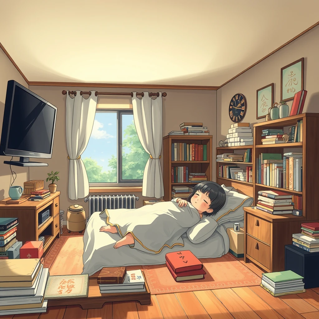 Hayao Miyazaki's painting style, high definition, a little girl sleeping in a room, with a window, a television, a lot of furniture, and many books.