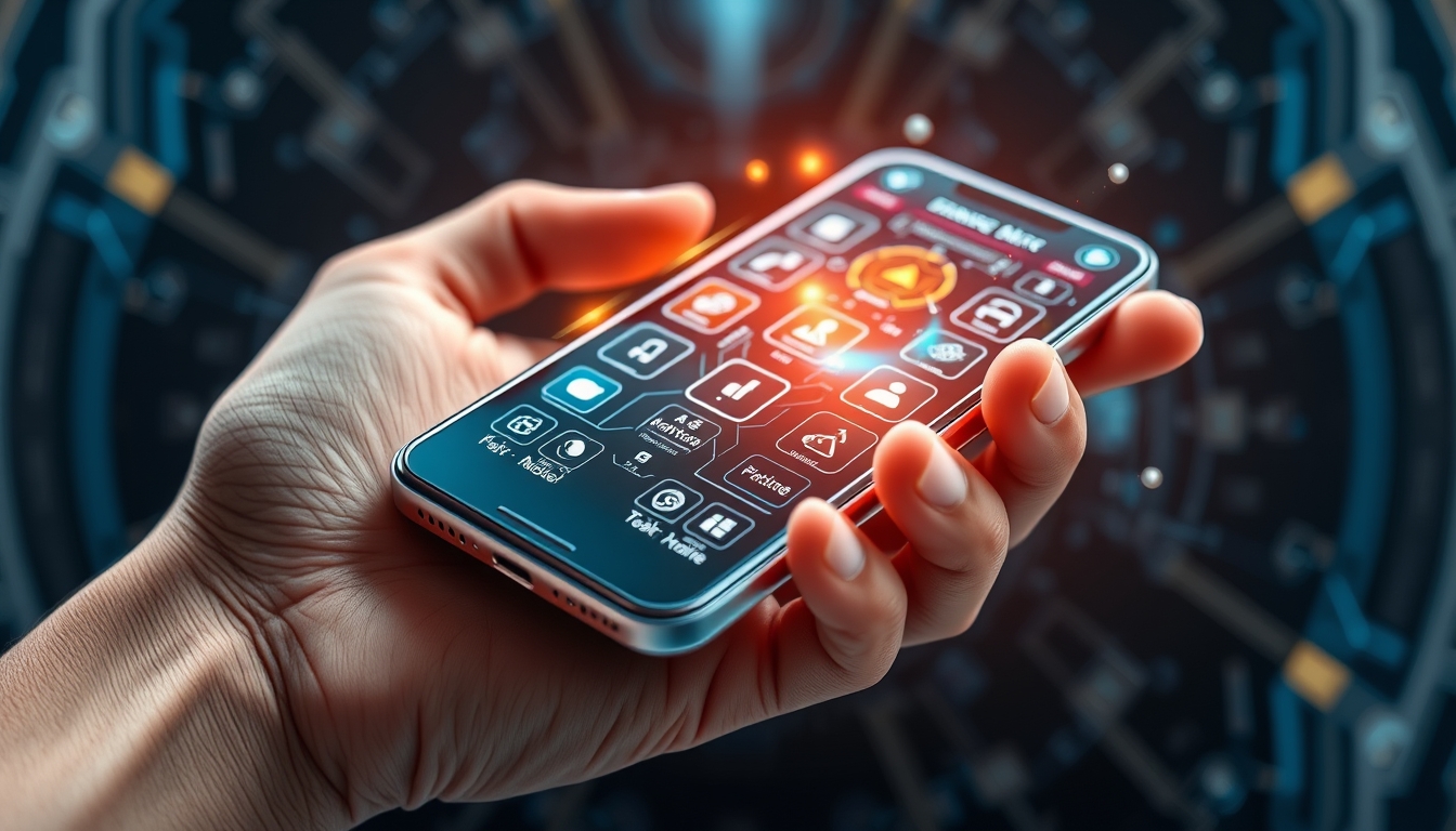 A close-up of a hand holding a futuristic smartphone, with holographic interfaces and glowing icons, set against a dark, tech-inspired background.