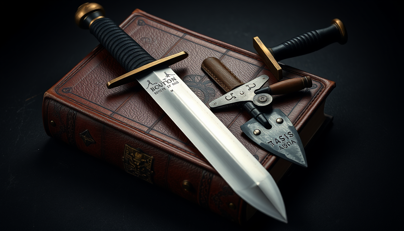 A collection of a sword and a brick-laying trowel lies across on a leather-bound antique bible resting on a dark surface. The sword rests diagonally. Next to it is the brick-laying trowel. The background is dark, emphasizing the timeless and mysterious aura of the scene.