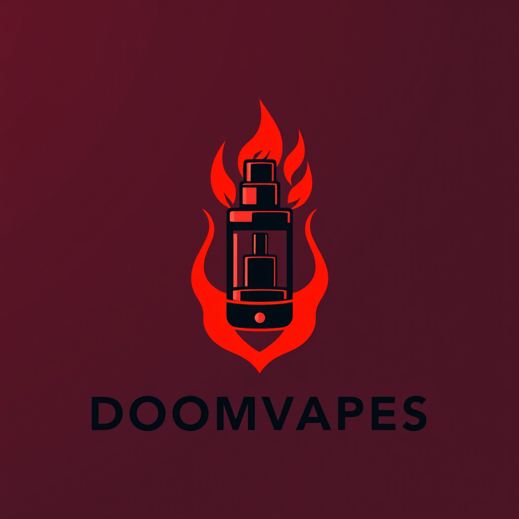 Sleek, minimalist logo design for DoomVapes featuring a stylized vape tank engulfed in ethereal, crimson flames. Infernal aesthetics blend with modern simplicity. Geometric shapes evoke demonic symbolism. Bold, sans-serif typography in obsidian black. Balanced composition with negative space suggesting otherworldly vapors.