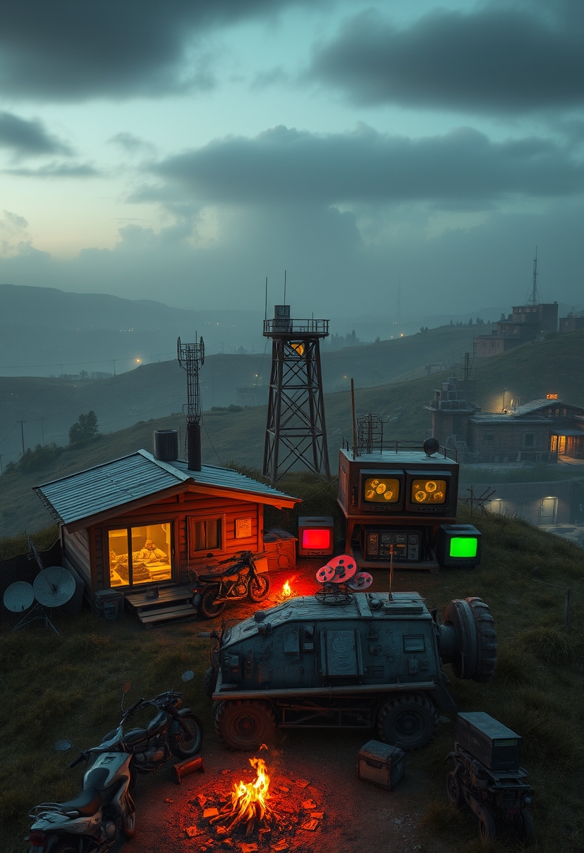 Photo realistic drone shot of a wooden outpost next to a cabin, a small campfire, a pile of rusty parts, some old motorbikes, an old makeshift armored vehicle mounted with a large machine gun and a makeshift rocket launcher, and a wooden watchtower all on a large hill with satellite dishes next to a radio tower, all in a hilly landscape. There are yellow, orange, red and green glows emitting from the cabin and the outpost. In one of the windows of the outpost a pile of old retro electronic parts is visible. In another window retro monitors are visible with screens that emit a green glow next to a small set of reel tape computers. In the distance, there is a large brutalist structure with different colored glows coming from a couple of its windows surrounded by some old military vehicles. In the distance in a different direction there's an old overgrown town with brick buildings that's barely visible, with only faint glows emitting from a few of the windows and a small campfire barely visible. Sprinkled in the distance are small and slightly hidden outposts, old structures, radio towers, shacks, and watchtowers. The entire landscape is covered in a jungle of tall evergreen trees, with occasional wet gravel and rich dirt roads winding through. The weather is warm, rainy, and cozy under a cloudy sky with a post-apocalyptic atmosphere and retro liminal feeling to it.