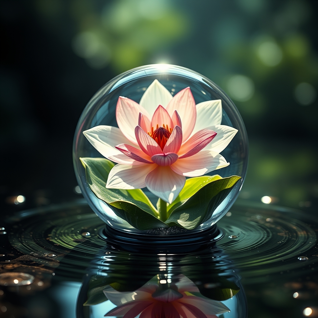 8k analog photo, best quality, masterpiece, super realistic, extreme cinematic, water flower crystal sphere, (extreme realism masterpiece), soft light, aesthetic, high detailed realistic light and shadows, realistic light aberration.