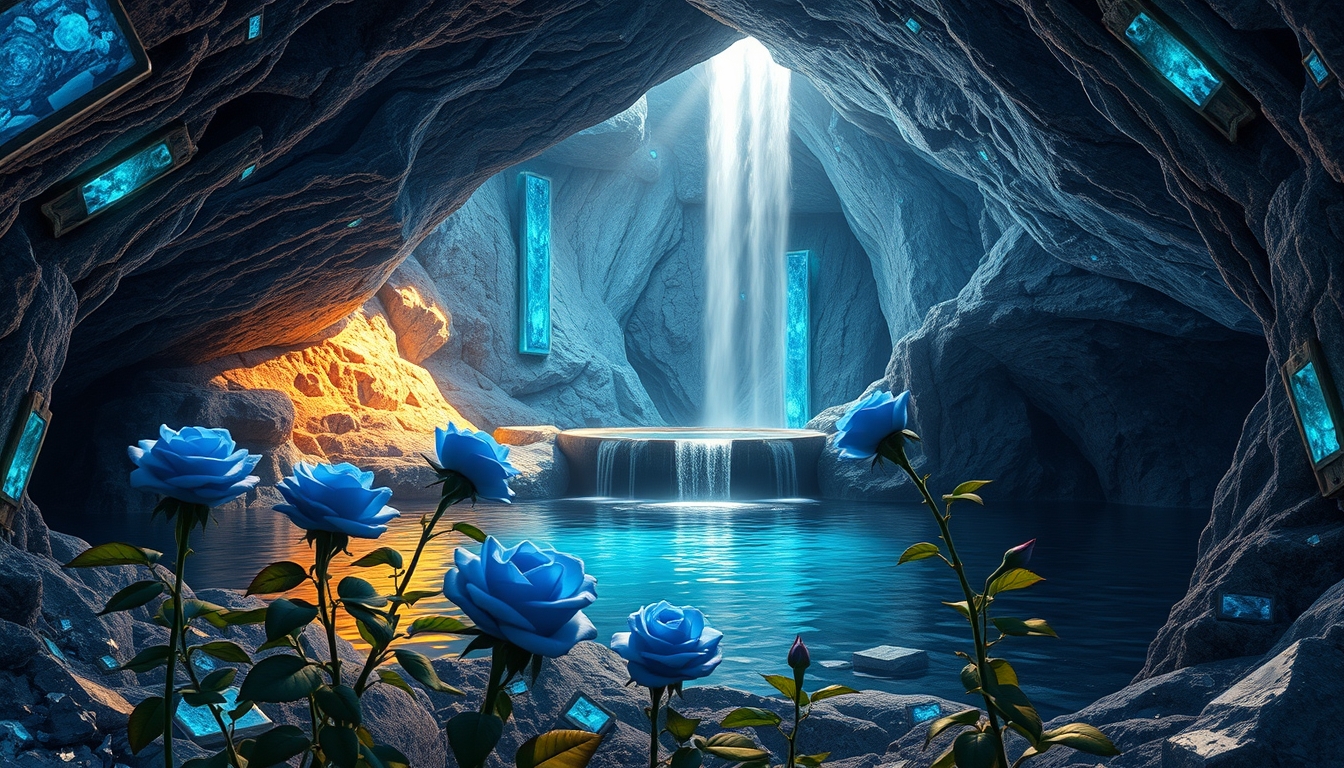 Award-winning photo of a cave surrounded by gemstones. In the distance, you can see a water basin with a waterfall. Blue roses grow by the basin, and the light from the gemstones with which the wall is decorated falls on the water and casts shadows on the rose petals. The atmosphere of the picture is magical and warm—masterpiece, best quality, high quality, absurd resolution, insanely absurd resolution, detailed background, very aesthetic, ray tracing, volumetric lighting, 8K UHD HDR, cinematic, epic, (photo \(medium\), realistic:1.2), sharp focus, by ideogram.