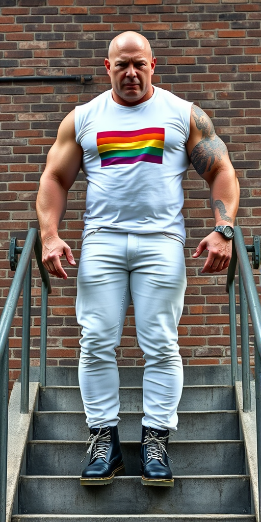 A towering, muscular 60-year-old skinhead bodybuilder stands confidently on concrete stairs, his gleaming bald head contrasting with his light skin. Clad in a striking white t-shirt with the gay flag logo, tattooed arms flex beneath the sleeveless fabric. Tight bleached denim trousers highlight his powerful legs, complemented by knee-high Dr. Martens boots with white laces. The rugged brick wall and metal handrails create an industrial backdrop, enhancing the imposing presence of this behemoth.