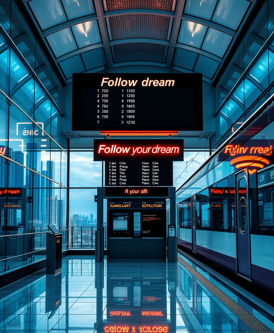 Futuristic interior of the railway station, with beautiful lighting. The glass walls offer stunning views of the city landscape on one side and a standing train on the other side. The train timetable board says "Follow your dream" in large neon letters. The design of the station is concise and modern, with a shining marble floor, clear lines, and a sense of sophistication.