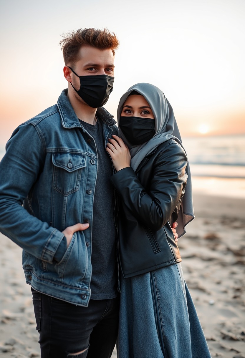 Jamie Dornan's head and body shot, handsome, black face mask, denim jacket, jeans, dating, love couple, with the biggest grey hijab Muslim girl, black face mask, beautiful eyes, black leather jacket, biggest skirt, taking a photo at the beach, DSLR Canon camera, sunrise, hyper-realistic, street photography.