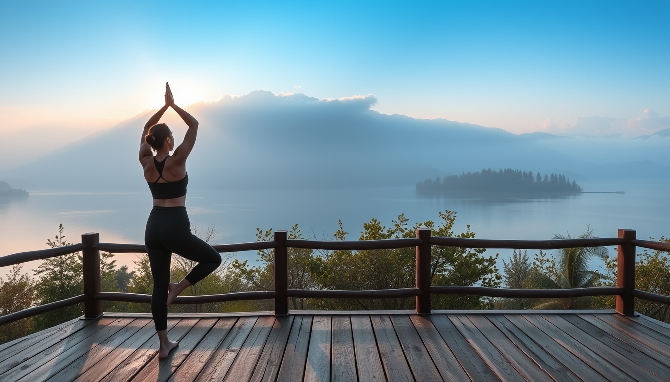 A serene landscape featuring a yoga practitioner on a wooden deck overlooking a tranquil lake, surrounded by misty mountains at sunrise. - Image