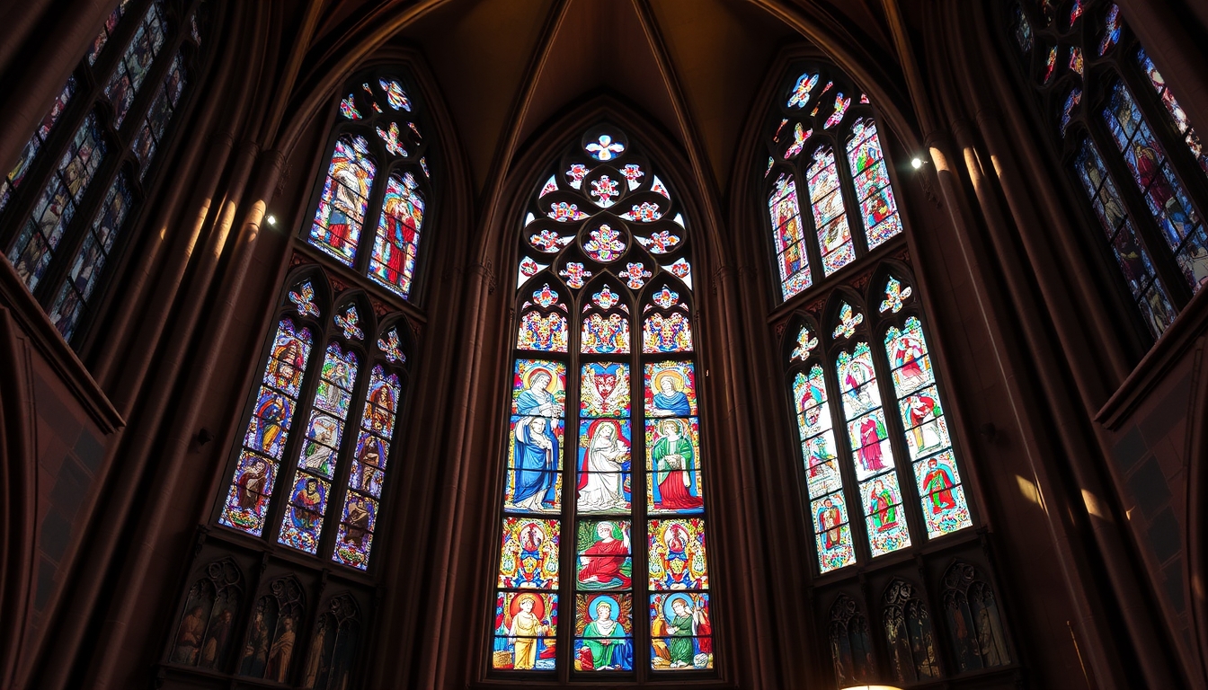 A vibrant stained glass window in a Gothic cathedral, sunlight casting colorful reflections inside.