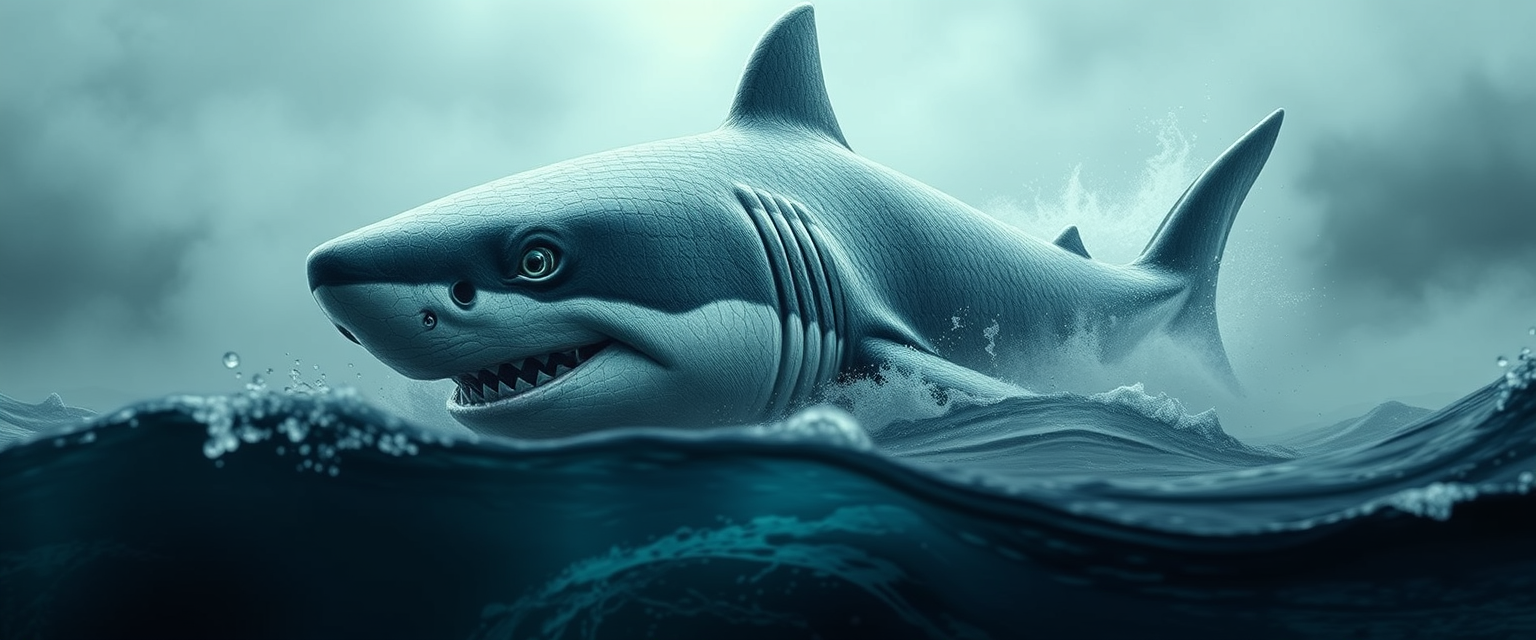 A mesmerizing hybrid creature, part great white shark, part giant panda, emerges from misty bamboo forests into turbulent ocean waters. Hyper-realistic details capture every scale and fur strand. Eyes blend primal hunger with gentle wisdom. Ancient Chinese mythology meets modern marine biology in this surreal, thought-provoking fusion. - Image