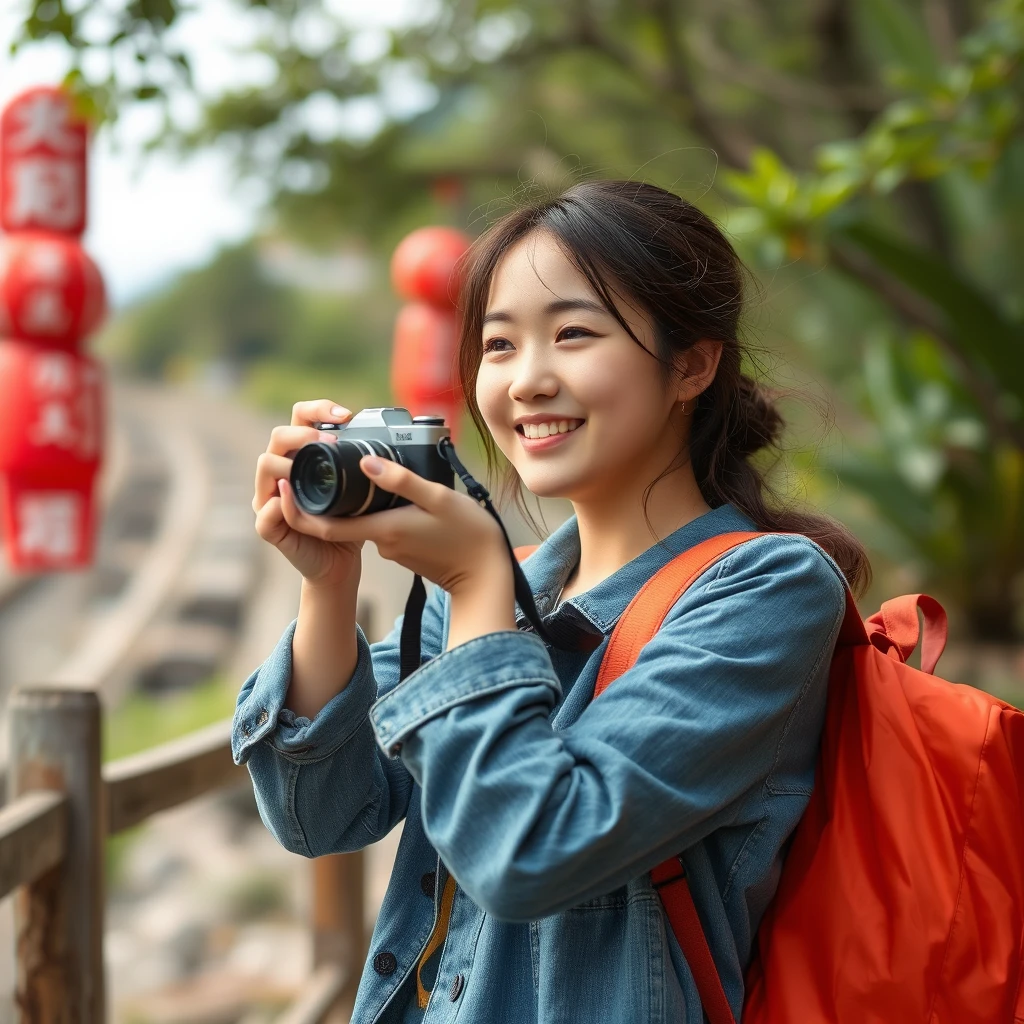 "Korean young Woman with camera, recording journey moments, good mood, soul relaxation, Cheung Chau Island adventure, photorealistic style"