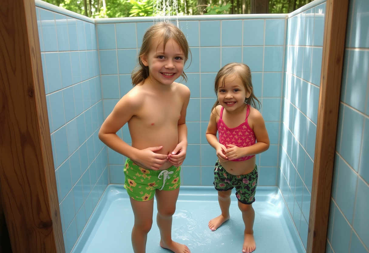 A summer camper puts together an ensemble to entice her best friend when they take their post-activity shower.