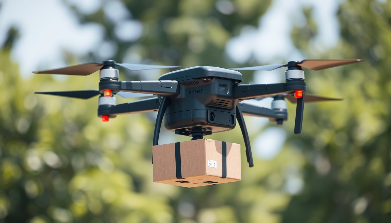 Solar-powered drones delivering packages, symbolizing innovation in logistics.