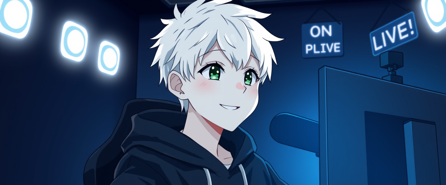 Anime-style drawing of a boy with white hair, smiling, wearing a black hoodie in a gamer setup with front lights, looking at two monitors with black screens in a black room with dim white neon lights and a small white sign that says ON LIVE in the upper right corner, with a podcast-style microphone and a camera on top of a monitor on his right side. - Image