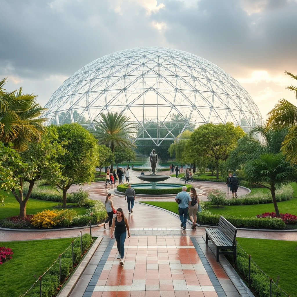 Outdoor park designed as a dome, where people can peacefully stroll and relax in the park in any climate, rain or shine, hot or cold, in any weather.