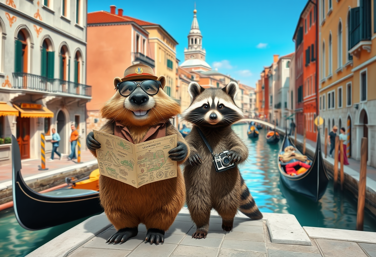 Create a charming scene where a beaver and a raccoon, dressed as tourists, casually stroll through the picturesque streets of Venice. The beaver should hold a map, eagerly pointing out landmarks, and the raccoon should carry a small camera, filming their adventures. The duo should look cheerful and curious, enjoying their whimsical journey together. Surround them with iconic Venetian elements such as gondolas, ancient bridges, and charming canals. The vibrant colors of the historic buildings should complement the vibrant atmosphere. This photo should evoke a sense of wonder, camaraderie, and playful exploration in one of the most beautiful cities in the world. Photorealism. - Image