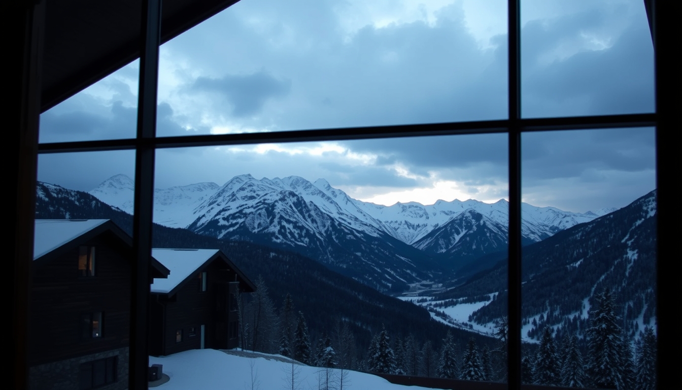 A dramatic mountain landscape viewed through the glass walls of a ski lodge.