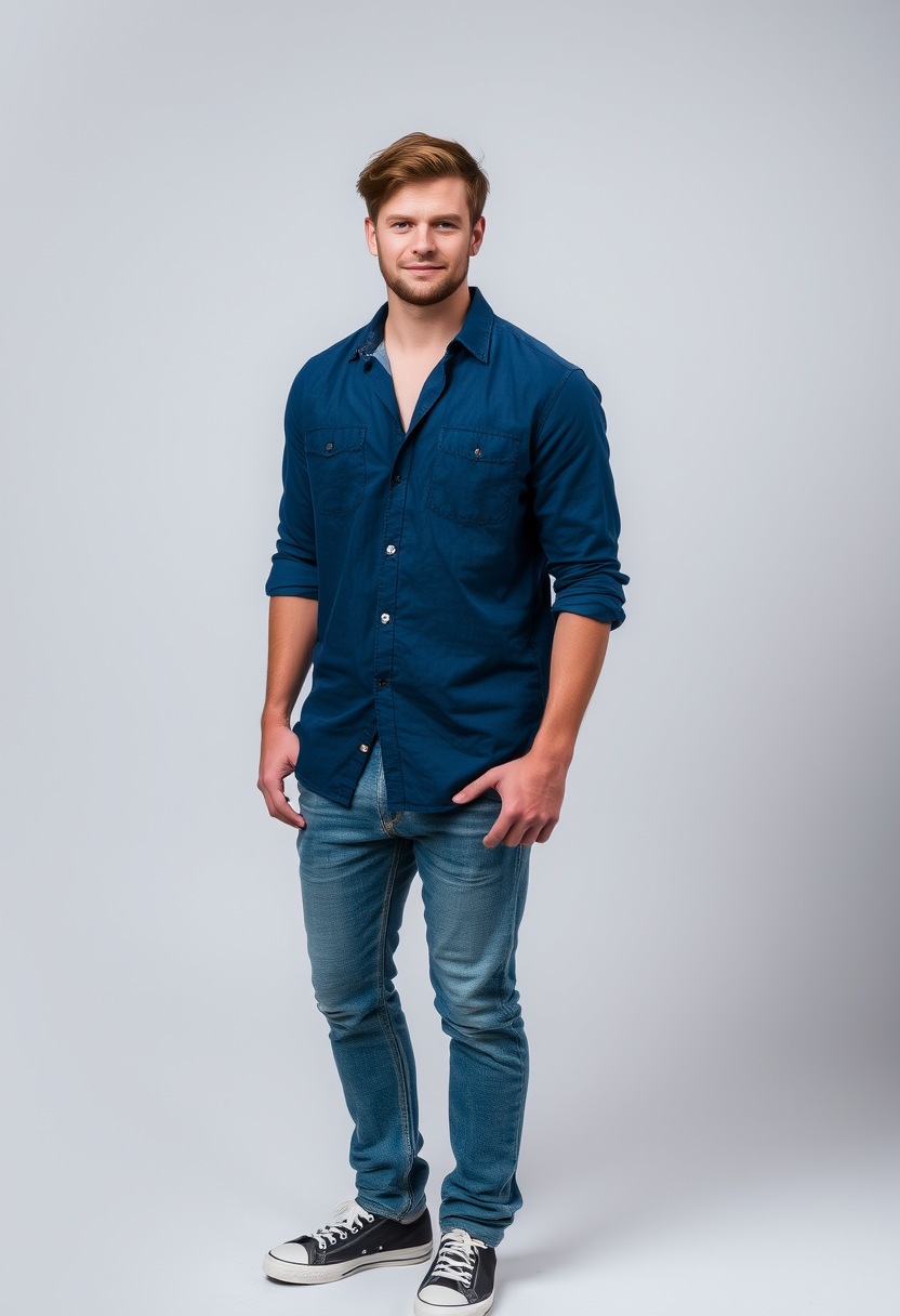 Jamie Dornan head and body shot, handsome, young, blue shirt, jeans, sneakers, photorealistic, studio photography.