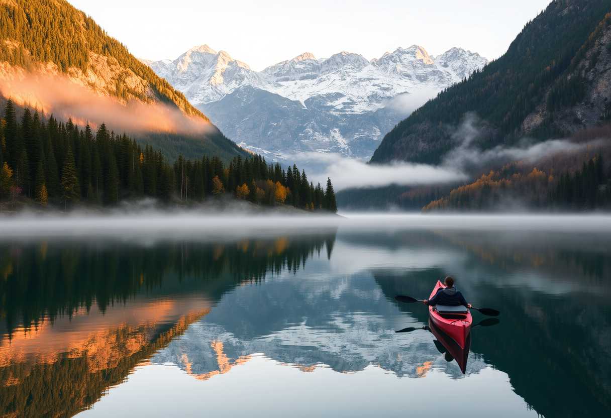 Peaceful, serene lake, mirror-like surface, misty morning, high quality, photorealistic, majestic mountains, pine trees, colorful autumn foliage, reflection, tranquil, secluded, remote, idyllic::0.7 kayaking, canoeing, rowboat, sunrise, sunset