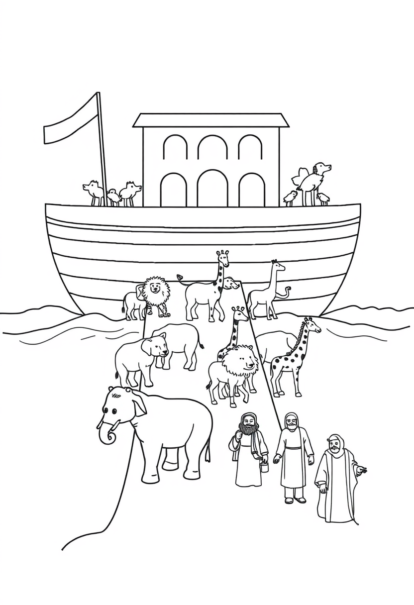 Coloring book page. Line drawing of animals leaving Noah's Ark: The Ark as a simple boat shape with a ramp extending from it. Draw various animal pairs (elephants, giraffes, lions, birds, etc.) walking down the ramp. Include Noah and his family as stick figures. White background, black and white drawing, sharp black lines.