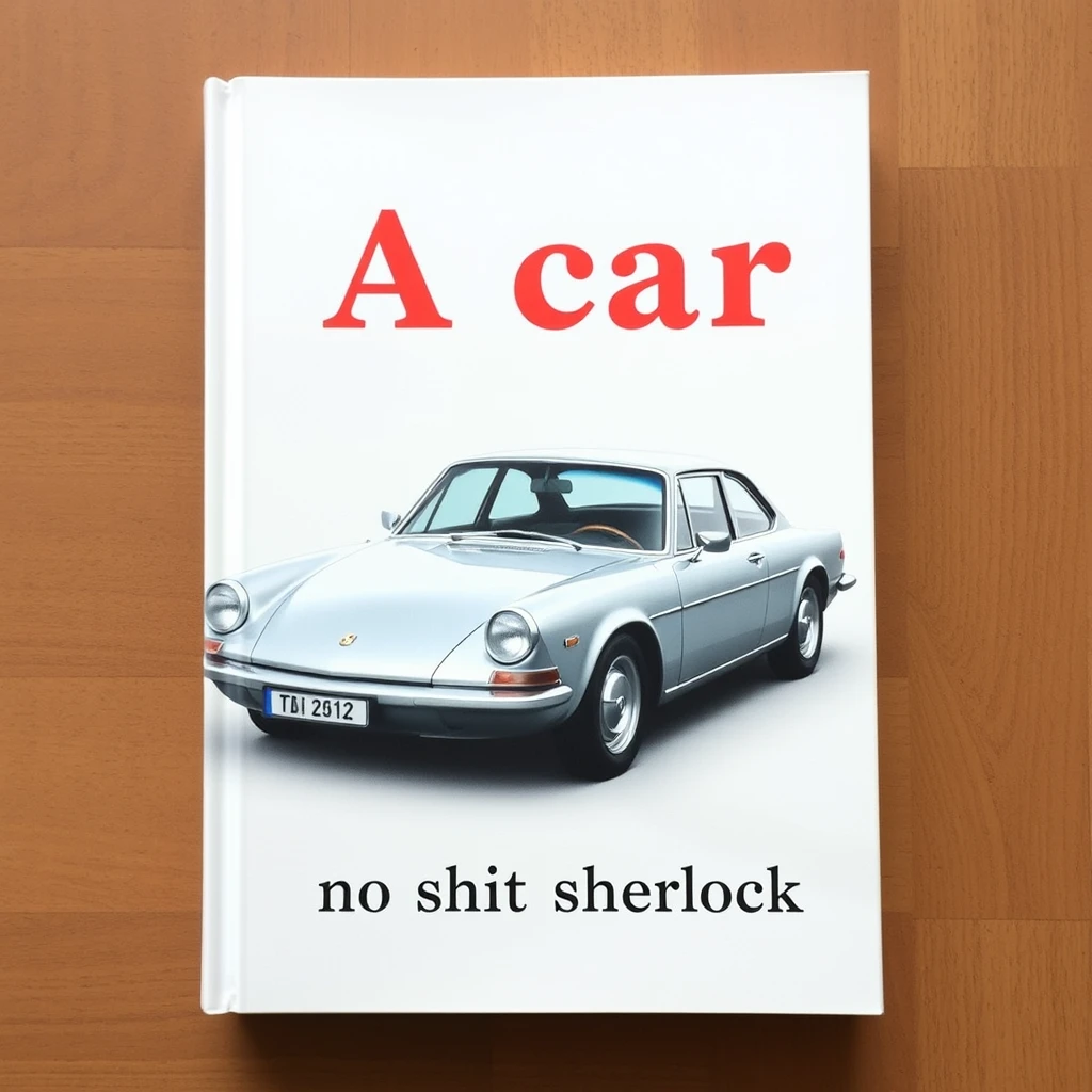 book cover of a car with the text "A car" subtitle "no shit sherlock"